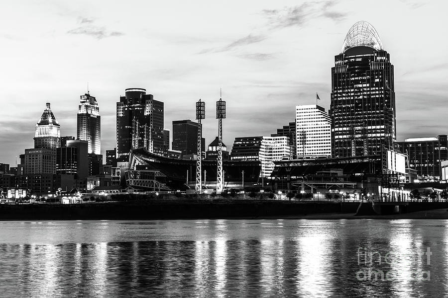 Cincinnati Skyline at Night Black and White Photo #1 Photograph by Paul Velgos