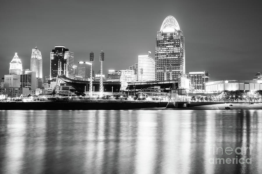 Cincinnati Skyline at Night Black and White Picture #1 Photograph by Paul Velgos