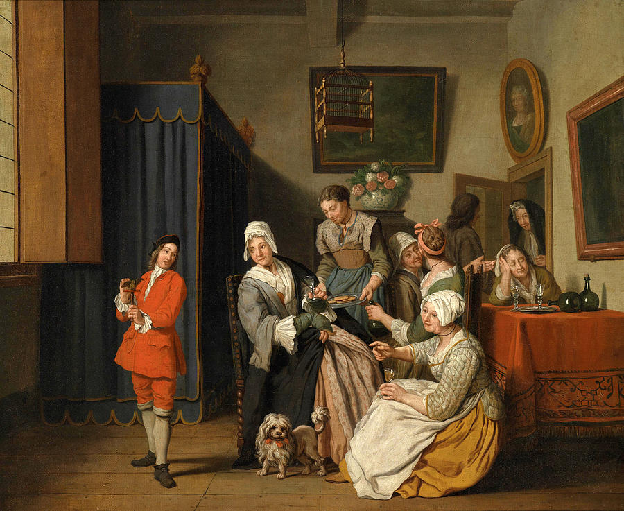 Civic interior with numerous women and a young man with a bird #2 Painting by Jan Josef Horemans the Younger