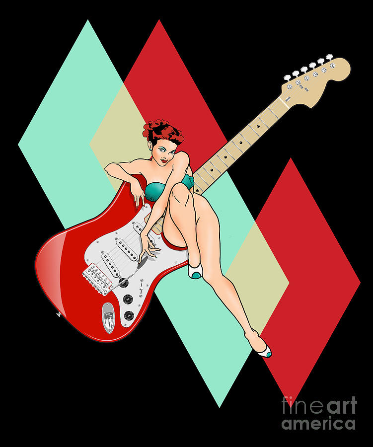Guitar Digital Art - Classic Mid Century Design PinUp Girl and Electric Guitar #1 by Deluxe Chimp