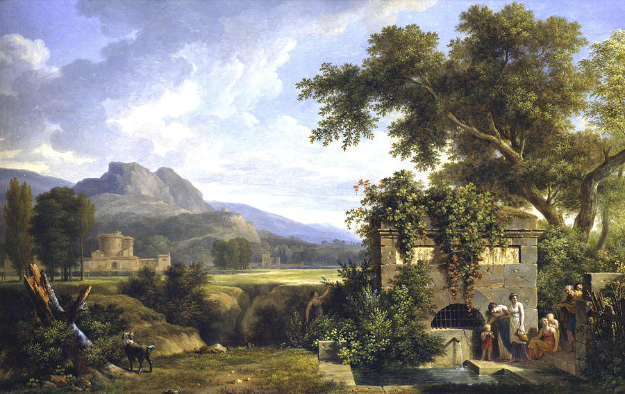 Landscape Painting - Classical Landscape with Figures Drinking by a Fountain  #1 by Pierre Henri de Valenciennes