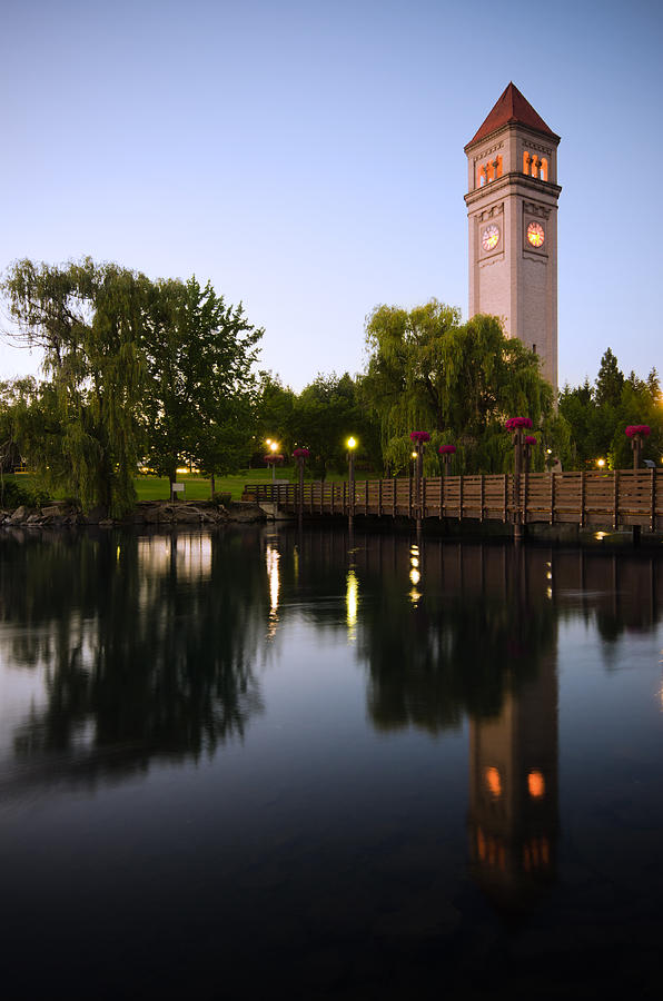 Clock tower during nighttime at Riverfront Park in Spokane, WA #1 Photograph by Gregobagel