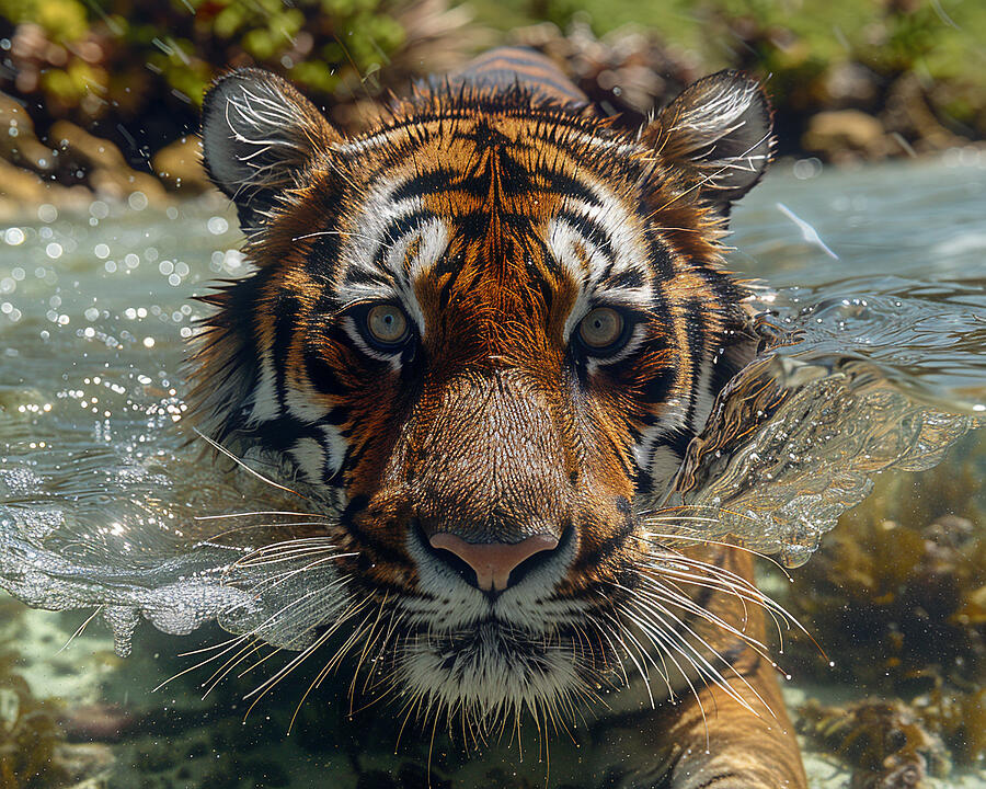 Wildlife Photograph - Close-up of a tigers face partially submerged in water, with clear focus on its eyes and stripes. #1 by David Mohn