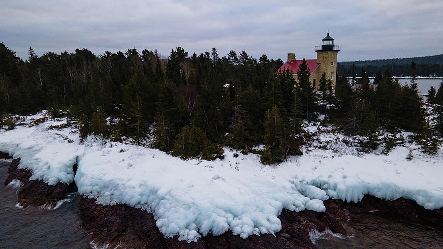Close up of Copper Harbor Lighthouse in Michigan winter Photograph by