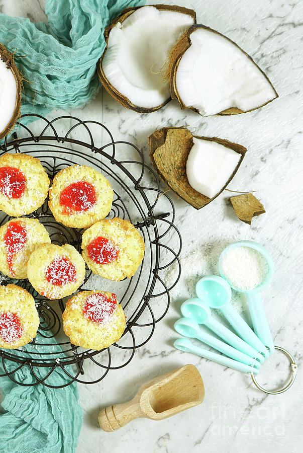 Coconut baking theme flat lay creative layout overhead with baked macaroons. #1 Photograph by Milleflore Images