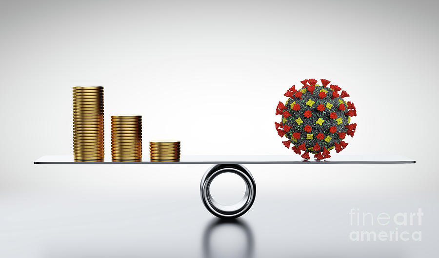 Coins, Money And Covid-19 On Scale. Concepts Of Economics Against Coronavirus Photograph