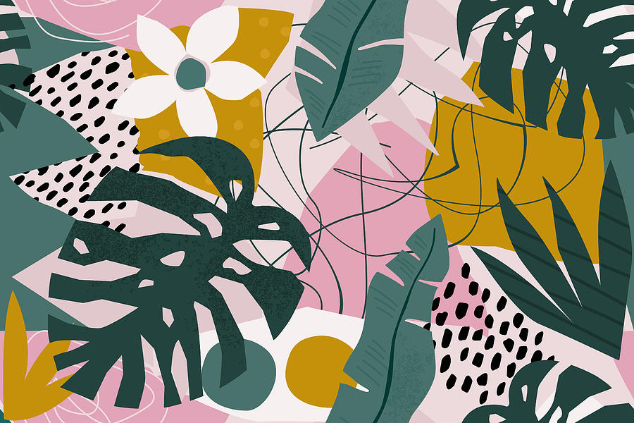 Collage contemporary floral seamless pattern. Modern exotic jungle fruits and plants illustration in vector. #1 Drawing by Lyubov Ivanova