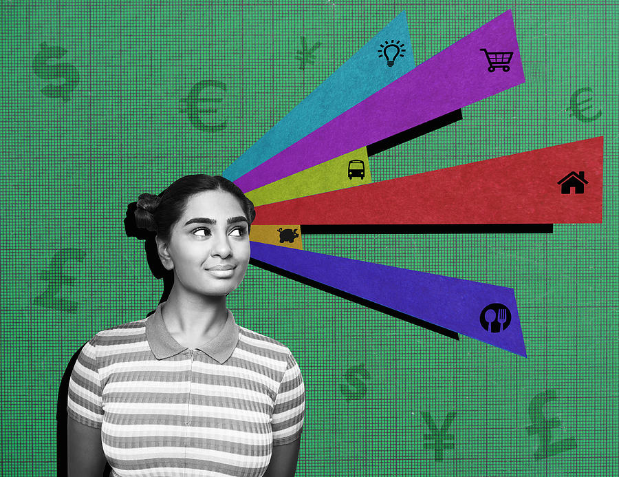 Collage of financial banking symbols with portrait of young woman #1 Photograph by We Are