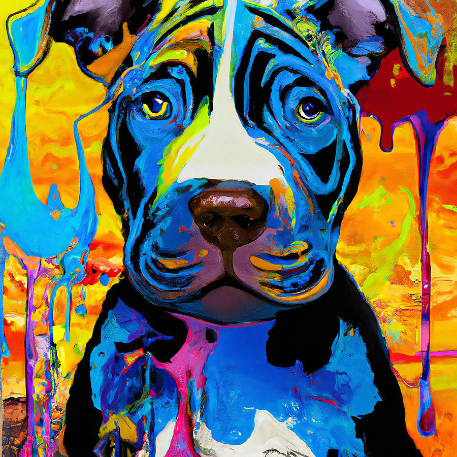 Colorful Cute Pitbull Puppy Dog Portrait Painting by StellArt Studio ...