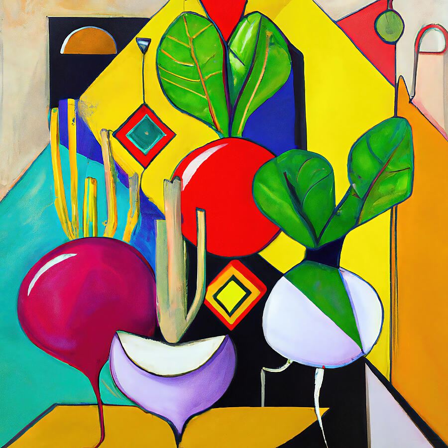 Abstract Painting - Colorful Fresh Radishes - Funky Vegetables Food Abstract #1 by StellArt Studio