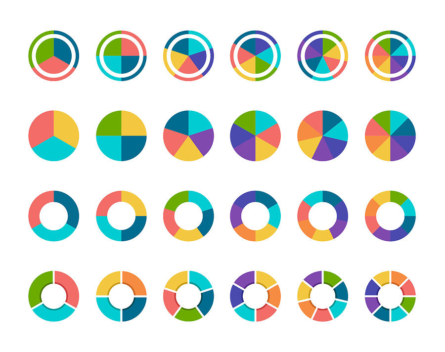 Colorful pie chart collection with 3,4,5,6 and 7,8 sections or steps Drawing by Artvea