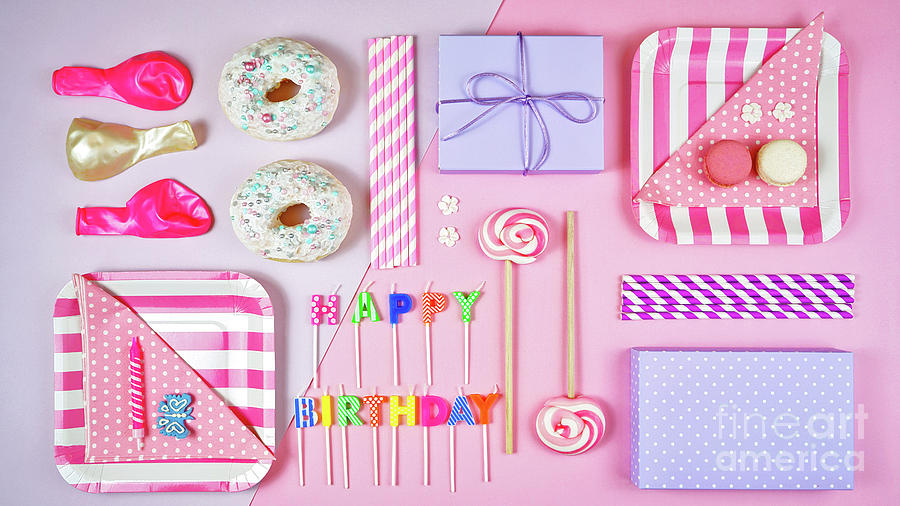 Colorful pink theme birthday party flat lay. #1 Photograph by Milleflore Images