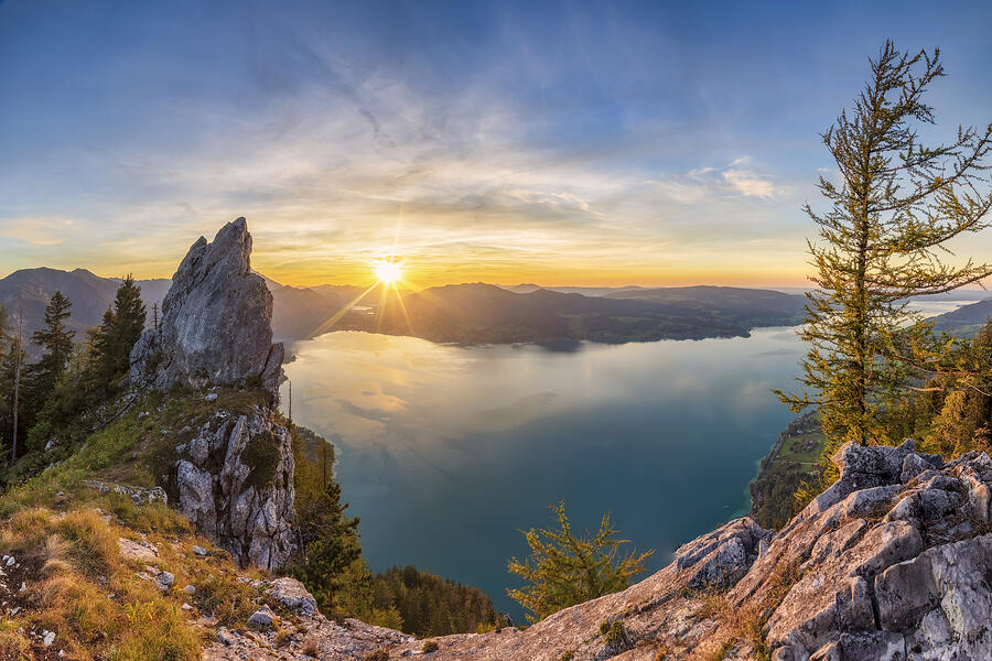 Colorful summer sunset with View To Lake Attersee from Schober- Sunset at Mount Schoberstein, Alps #1 Photograph by DieterMeyrl
