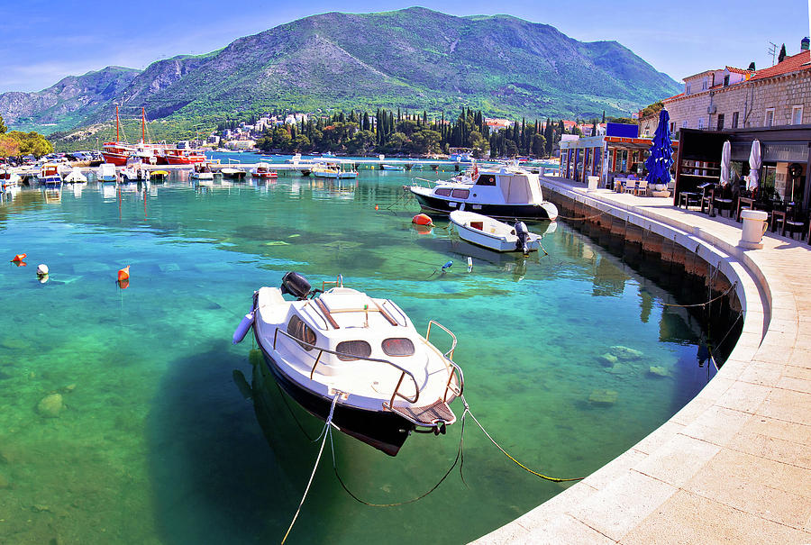 Colorful turquoise harbor in town of Cavtat panoramic view #1 Photograph by Brch Photography
