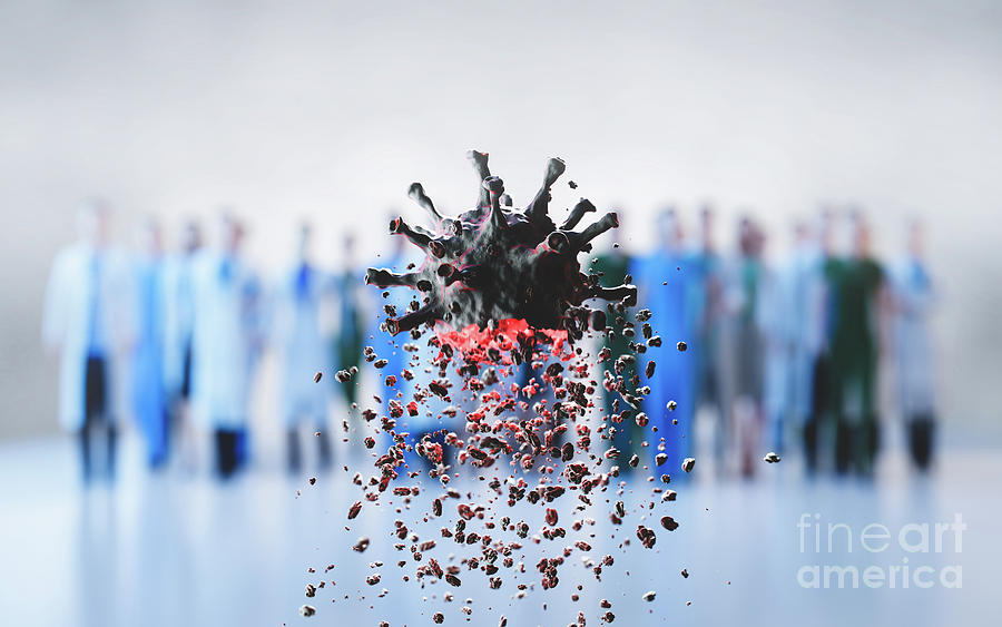 Coronavirus Photograph - Coronavirus defeated by doctors and scientists. Virus breaking up into pieces. #1 by Michal Bednarek