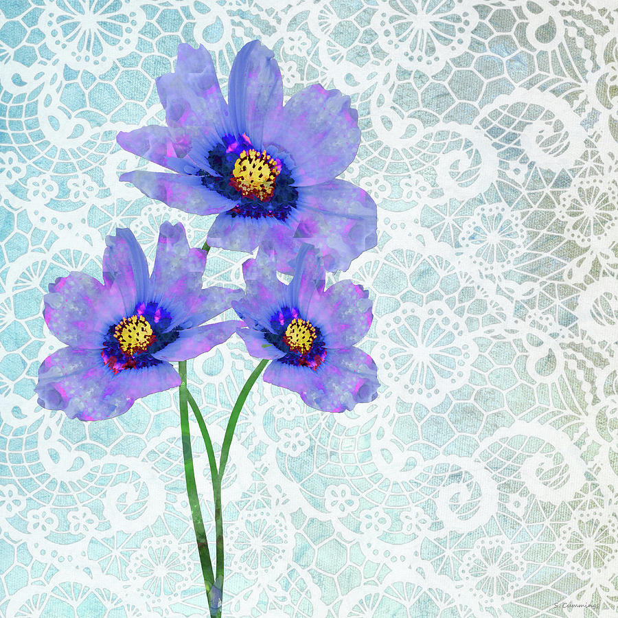 Cosmos And Lace Purple Flower Art Painting by Sharon Cummings