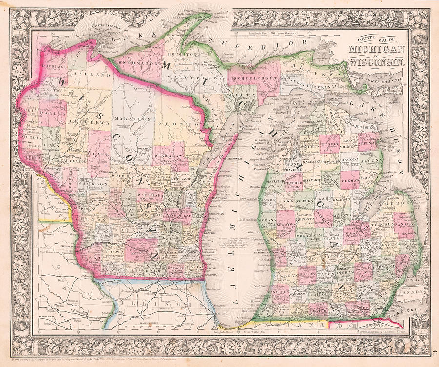 County Map of Michigan and Wisconsin Philadelphia Painting by Samuel ...