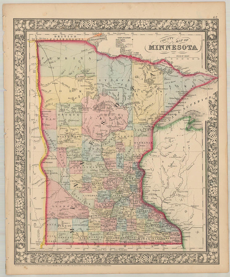 County Map of Minnesota Philadelphia Painting by Samuel Augustus ...