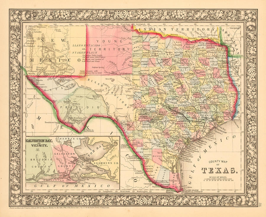 County Map of Texas Philadelphia Painting by Samuel Augustus Mitchell ...