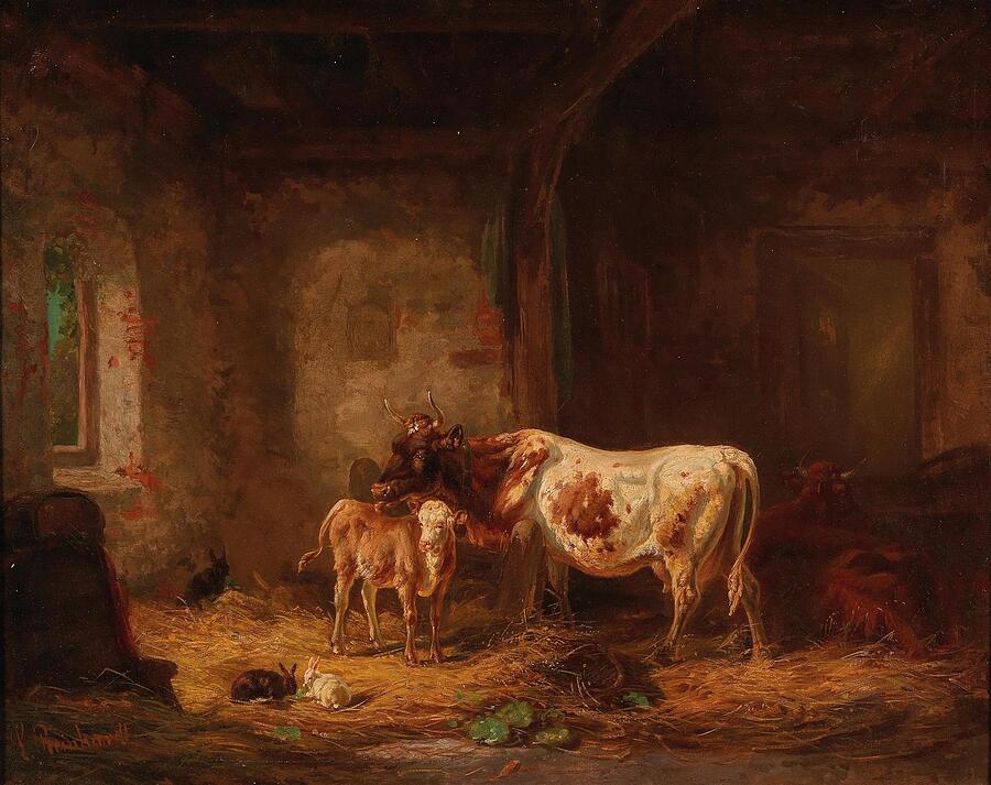 Animal Painting - Cows and Rabbits in the Barn #1 by Louis Reinhardt German