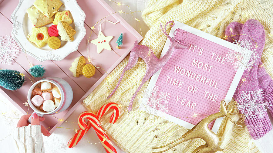 Cozy Christmas indoors tray of goodies with letter board flat lay overhead. #1 Photograph by Milleflore Images