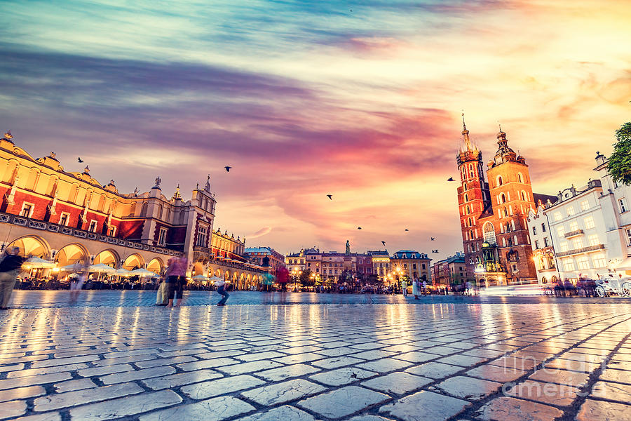 Cracow, Poland. Market square and St. Marys Basilica #1 Photograph by Michal Bednarek