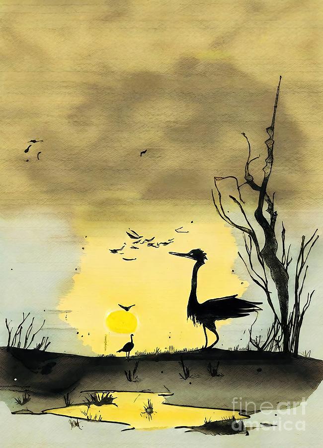 Bird Painting - Cranes Painting birds sun morning cranes flying animal art artistic bird brushstrokes calm calming clouds colorful concept conceptual countryside dawn effect england english filter foliage #1 by N Akkash