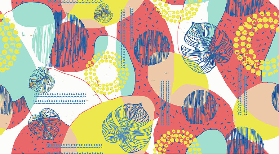 Creative Doodle Art Header With Different Shapes And Leafs Textures Seamless Pattern Design. Collage. Drawing