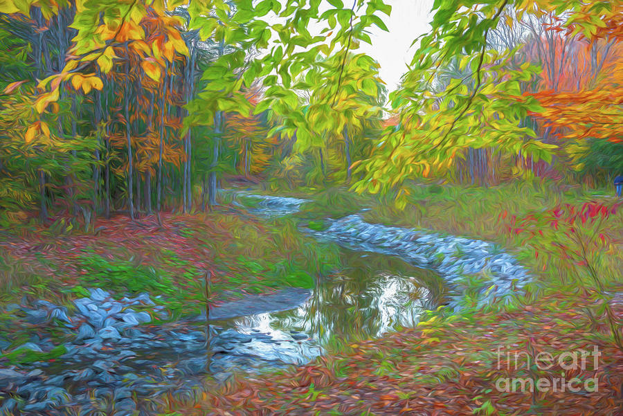 Creek In Autumn Forest Painting