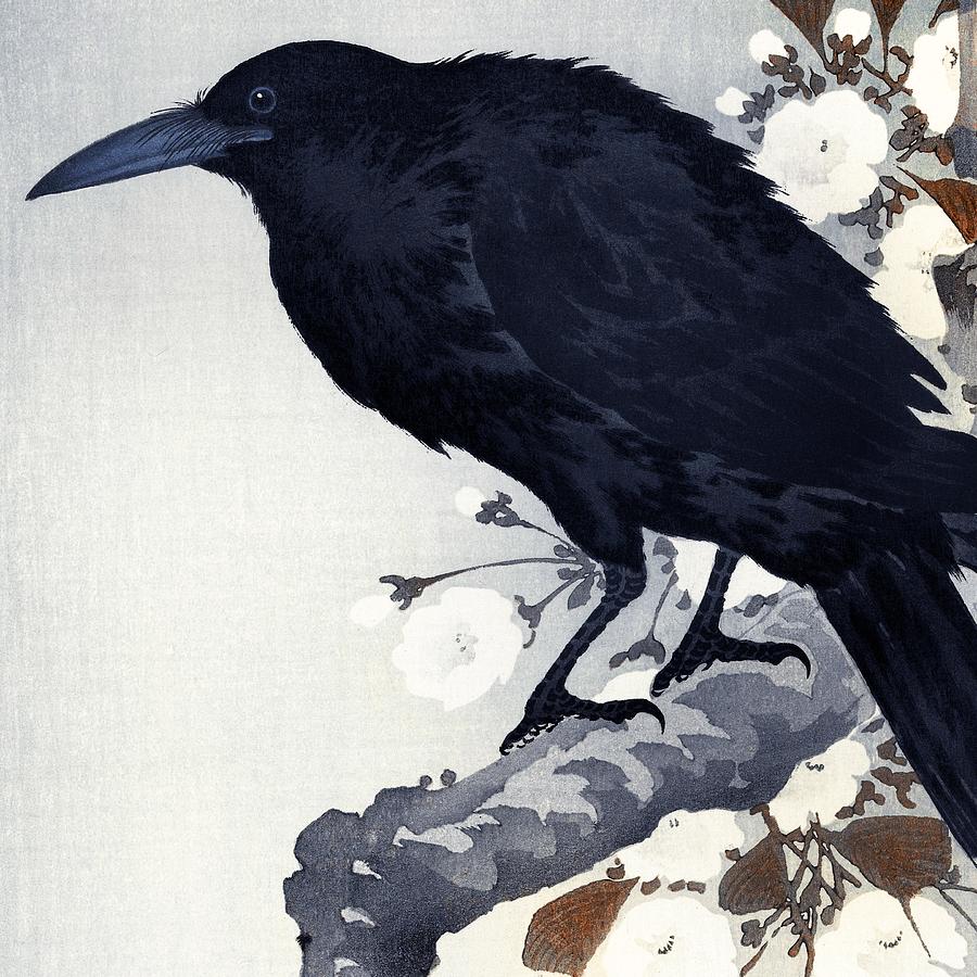Cozy Digital Art - Crow On Branch Traditional Japanese Wildlife by Cozy Guru
