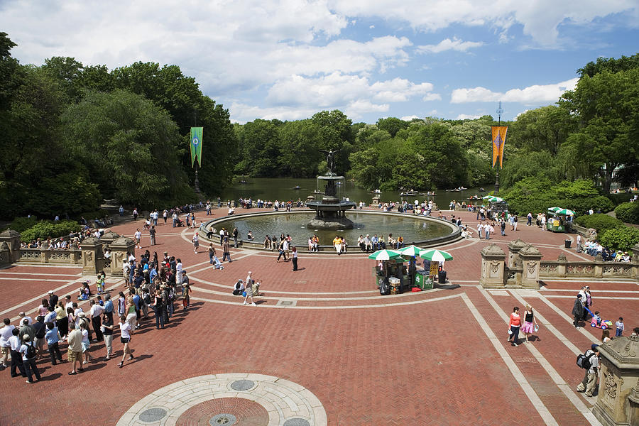 Crowd around Angel of the Waters Fountain at Bethesda Terrace, Central Park, New York City, NY, USA #1 Photograph by Medioimages/Photodisc