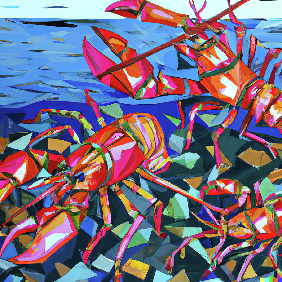 Cubist painting of lobsters on the ocean floor Photograph by Steve Estvanik