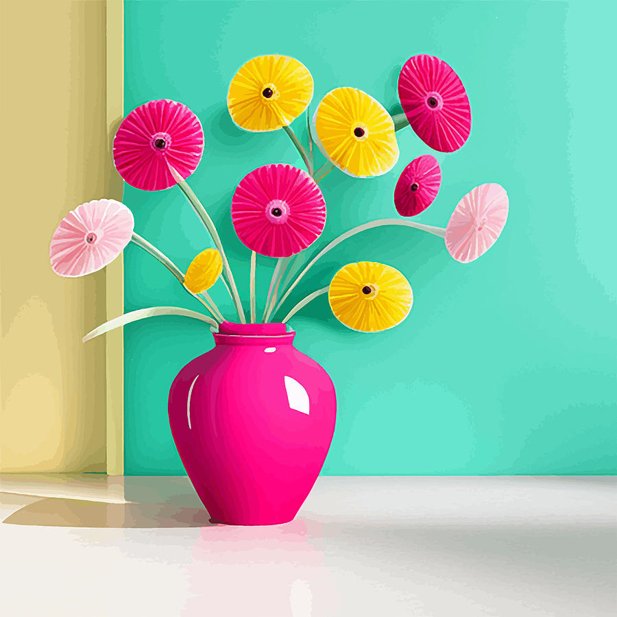 Abstract Digital Art - Cute Abstract Flowers in a Pink Vase #1 by Vicky Brago-Mitchell