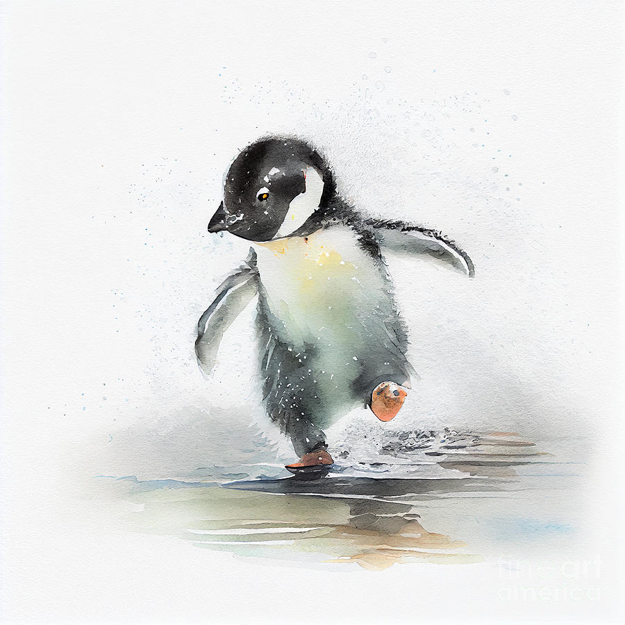 Cute  baby  penguin  running  on  its  tippy  toes  by Asar Studios #1 Digital Art by Celestial Images
