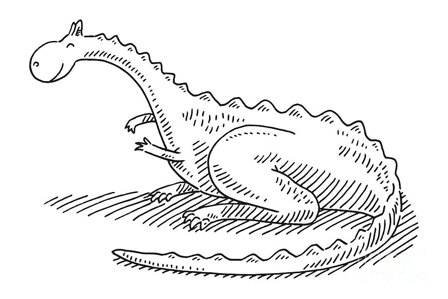 Black And White Drawing - Cute Cartoon Dinosaur Drawing #1 by Frank Ramspott