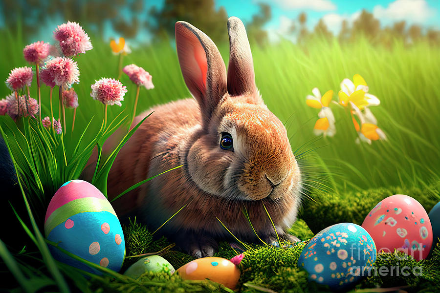 Cute easter bunny in grass and daisy flowers nest with colorful  #2 Digital Art by Jelena Jovanovic