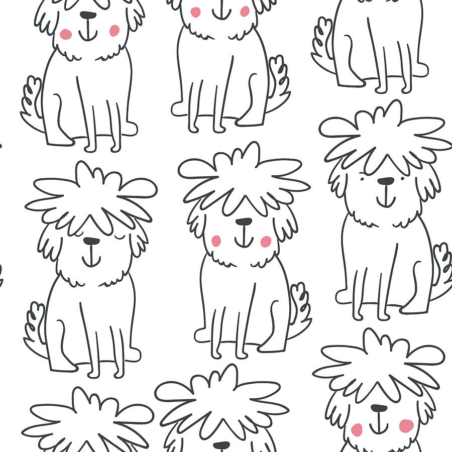 Cute Handdrawn Seamless Pattern With Cute Doodle Fluffy Dogs Drawing