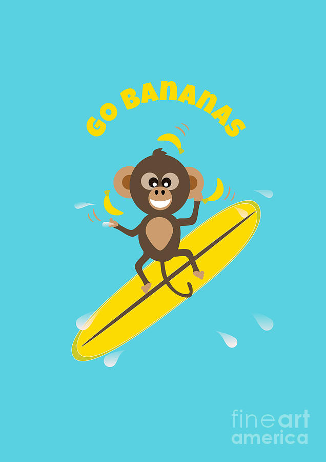 Cute Monkey Juggling Bananas Whilst Surfing On a Wave #1 Digital Art by Barefoot Bodeez Art
