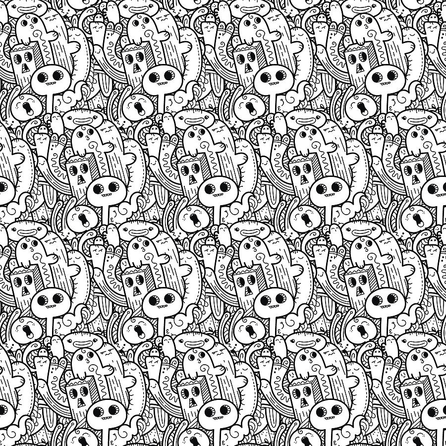 Cute Monsters Doodle Pattern Coloring Digital Art By Sweet Birdie