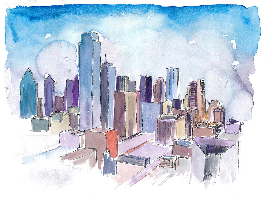 Dallas Texas USA Skyline Impressionistic Watercolor Painting by M ...