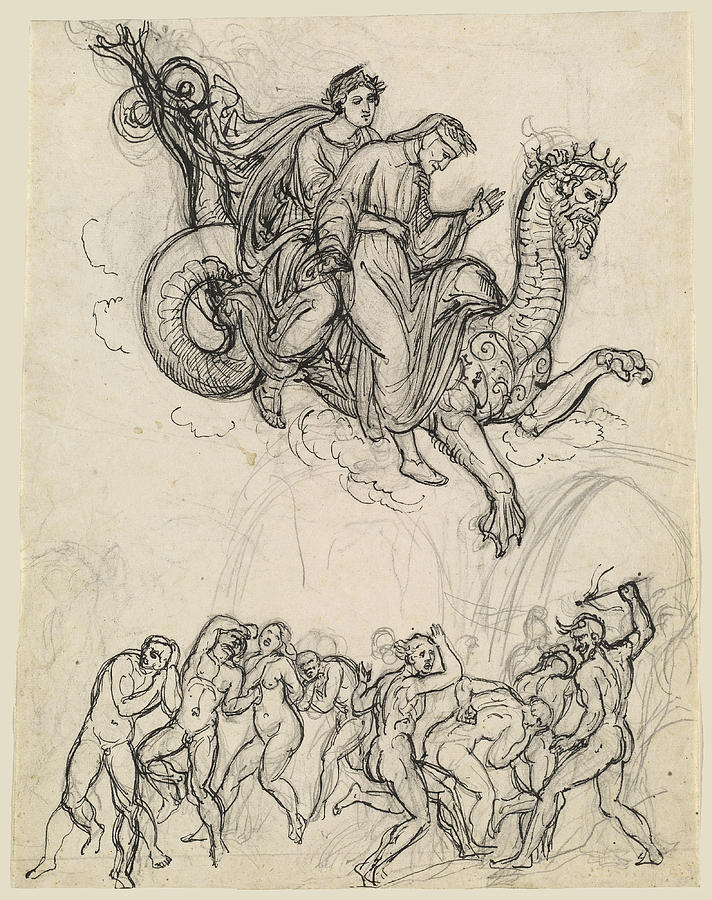 Dante and Virgil Riding on the Back of Geryon #2 Drawing by Joseph Anton Koch