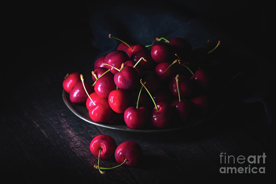   Dark red cherries on a pewter plate #1 Photograph by Jane Rix
