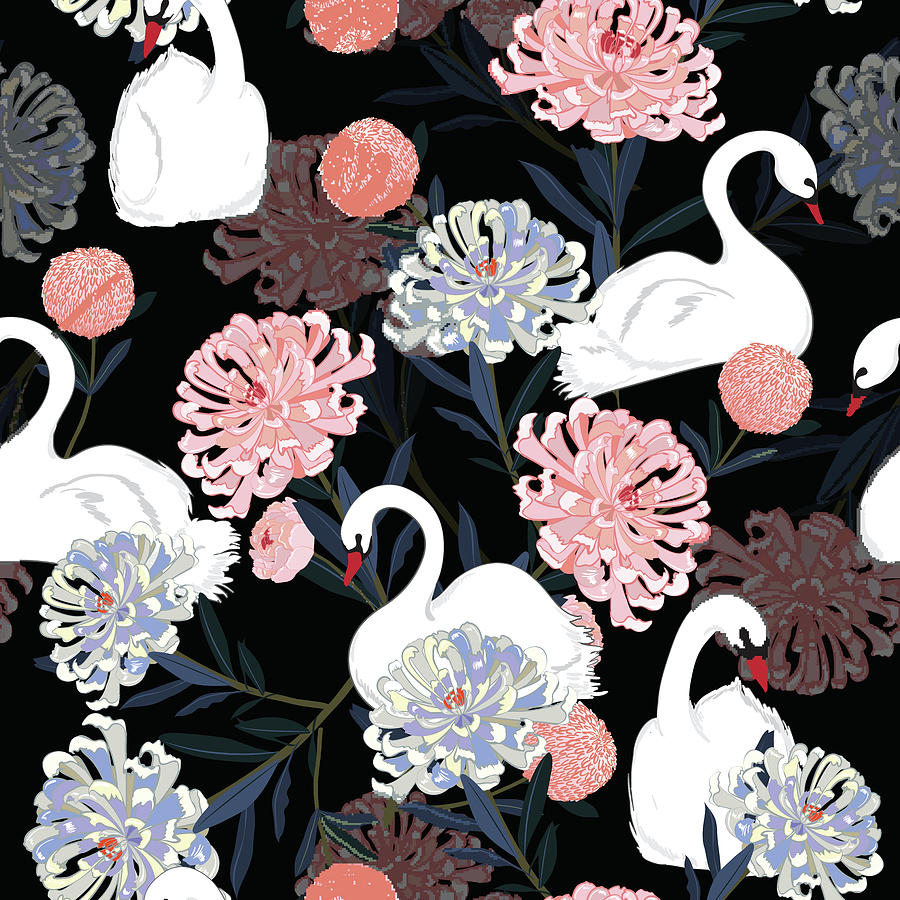 Dark Soft And Gentle Oreintal Blooming Flowers With Hand Drawing White Swan Bird In Seamless Pattern On Black Background. Drawing
