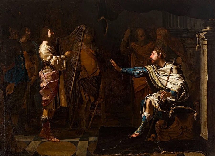 David harpspelend voor Saul Painting by Bernardo Cavallino - Fine Art ...