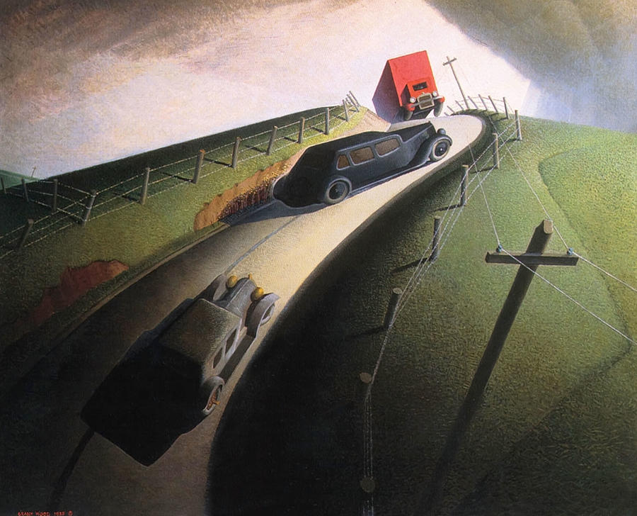 Sign Painting - Death on the ridge road #1 by Grant Wood