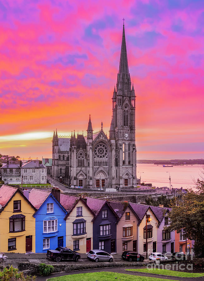 Deck of Cards colourful houses and St. Colman's Cathedral at sunrise in ...