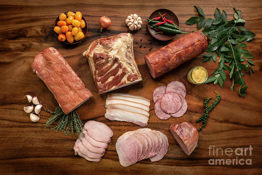 Delicatessen cold cuts sausage and ham selection on wood table #1 Photograph by JM Travel Photography