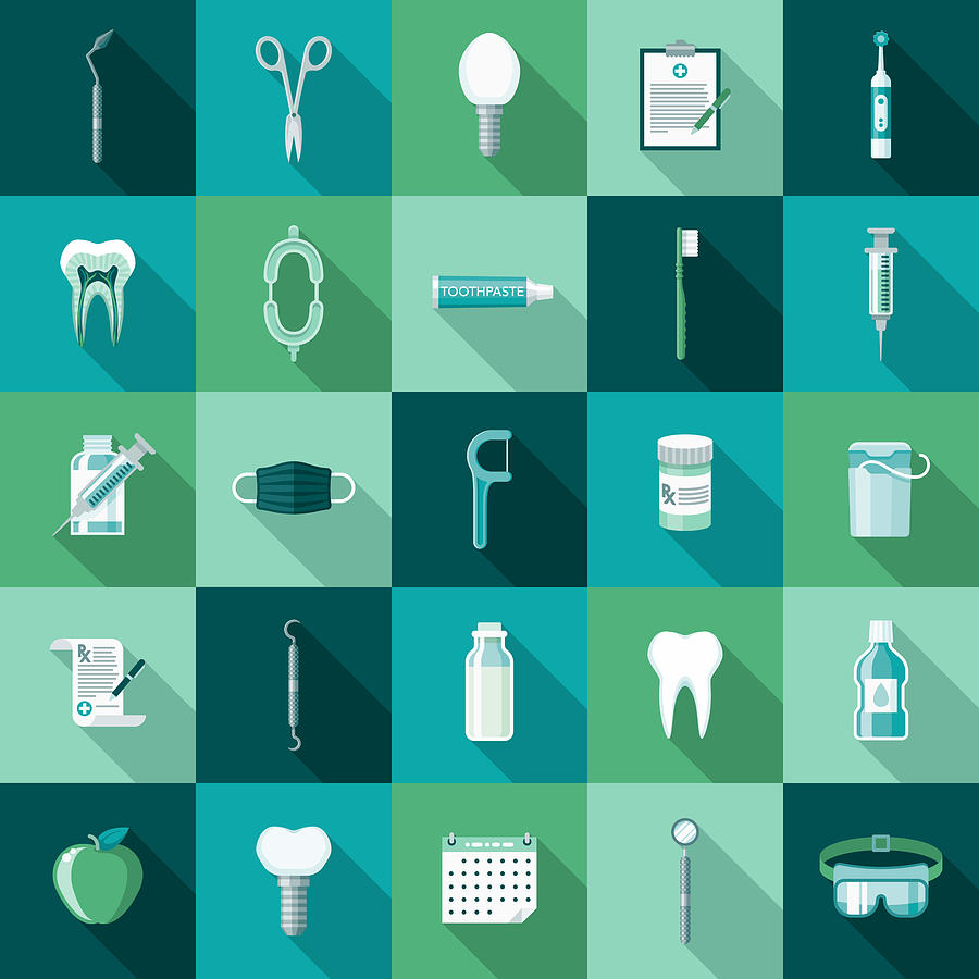 Dental Care Flat Design Icon Set with Side Shadow #1 Drawing by Bortonia