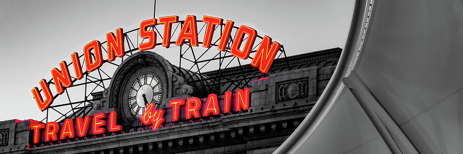 Denver Colorado Union Station Neon Panorama - Selective Color #1 Photograph by Gregory Ballos