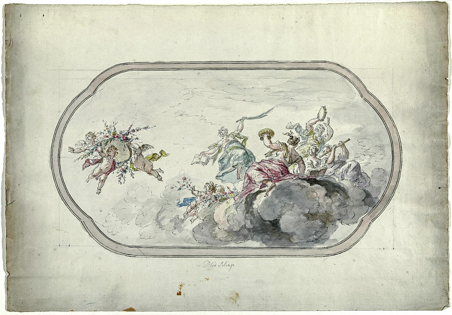 Design For A Ceiling Painting With Musicians And Putti With Flower Basket As Allegory To Blijdschap, Digital Art